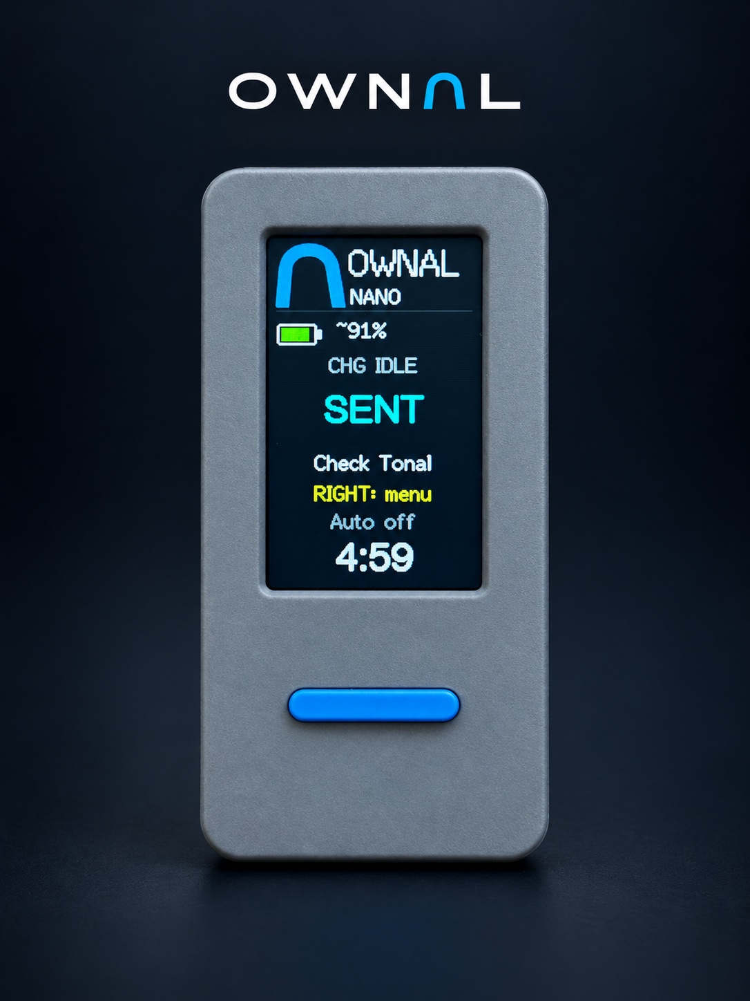 OWNAL Controller showing its SENT screen, with a retouched graphite background and OWNAL wordmark