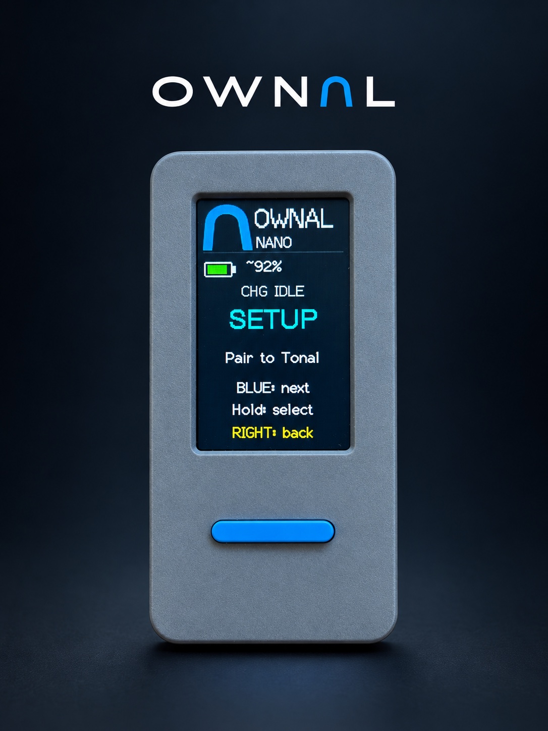 OWNAL Controller showing its SETUP screen, with a retouched graphite background and OWNAL wordmark