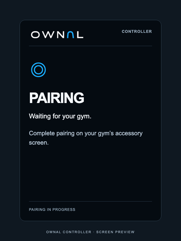 OWNAL pairing screen: PAIRING, waiting for your gym.