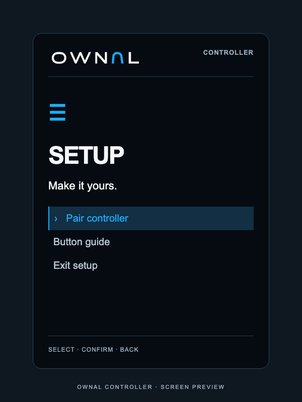 OWNAL setup screen with Pair controller, Button guide, and Exit setup.