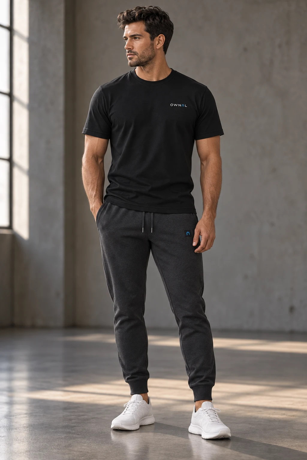 Male model in a black OWNAL tee and graphite joggers